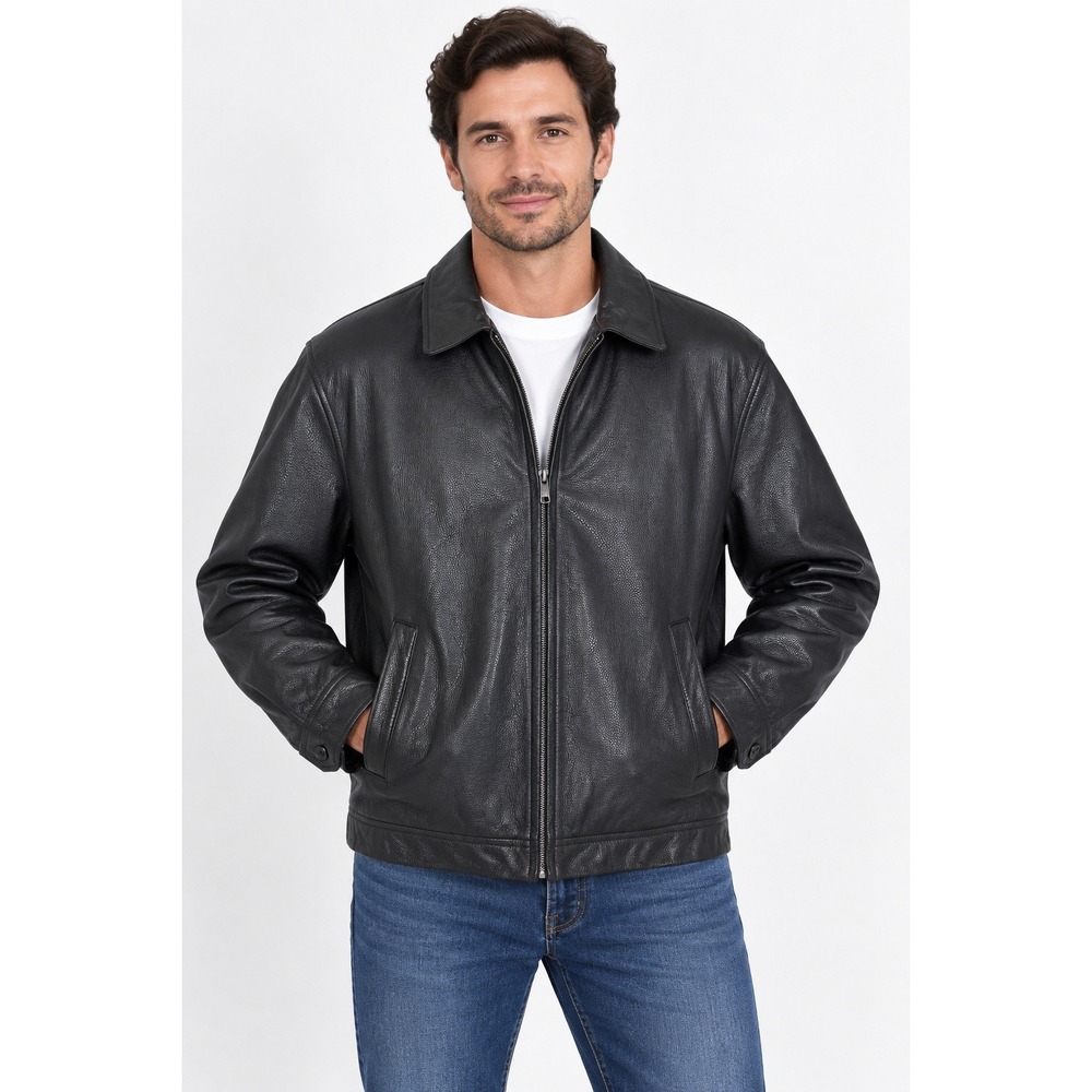 Vintage Structure Mens XL Black Genuine Leather Bomber Jacket Full Zip 90s